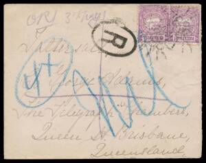 Queensland: 1895 cover from Wallendebeen NSW to "Tattersall/The Telegraph Chambers/Queen St Brisbane" with NSW 1d x2 only, endorsed "OR 3d to pay" with 'R'-in-oval h/s & 'REGISTERED/OC31/95/SYDNEY NSW' b/s. Tatts covers to Brisbane are scarce, and are usu