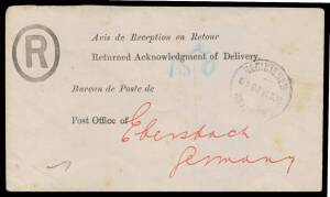 Queensland: 1900 use to Germany of unstamped 'Avis de Reception en Retour' envelope with printed 'R'-in-oval at upper-left, repaired opening tear & a little soiled. These envelopes are rare from all Colonies & this is the first example we have seen from Q