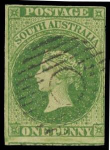 Sth Aust: 1856-58 Adelaide Printings 1d yellow-green SG 6, margins just shaved - at lower-right - to huge with a fragment of the adjoining unit below, neat void cancel of the GPO, Cat Â£650. A fine example of this scarce stamp.