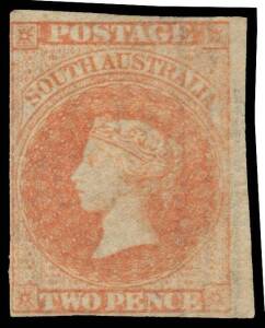 Sth Aust: 1856-58 Adelaide Printings 2d orange-red SG 7 from the right of the sheet with marginal watermark of vertical lines, margins close to large, large-part o.g., Cat Â£2250.