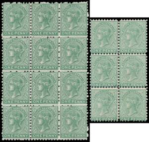 Sth Aust: 1876-1904 Narrow Crown/SA Perf 10 1d blue-green SG 167 block of 12 (3x4), the upper row creased, six other units with full unmounted o.g.; also 1d yellow-green SG 167a block of 6 (2x3), full unmounted o.g.; Cat Â£720++ (mounted).