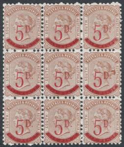 Sth Aust: 1891-93 Surcharges Perf 10 '5D.' on 6d brown SG 230 block of 9, excellent centring, full unmounted o.g., Cat Â£170++ as mounted singles. Superb!