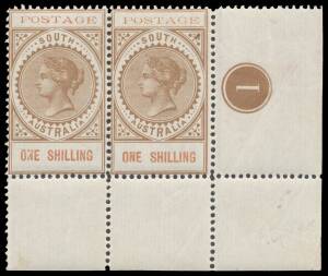 Sth Aust: 1902-04 Thin 'POSTAGE' 1/- brown & brown-red BW #S30A (SG 275c) lower-right corner pair with Plate Number '1' BW #S30Azd, the left-hand unit has a very minor natural gum-crease, very lightly mounted, Cat $4000+ (Â£2400+) as normal singles. [We b