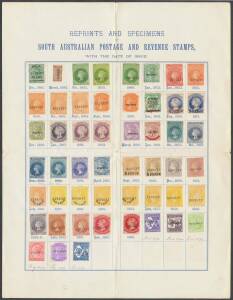 Sth Aust: REPRINTS: Presentation page (275x362mm) with an all-different array of Perkins Bacon and De La Rue issues to 2/- including 'TEN PENCE' on 9d x5 & 1/- violet, all with 'REPRINT' Overprint; plus 16 values to 2/- with 'SPECIMEN' Overprint; all with