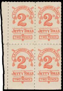 Sth Aust: REVENUES: 1915 South Australian Harbors [sic] Board 1915 Rouletted 2d scarlet singles x3, marginal pair & lower-left corner block of 4 (imperf at base), a few faults & some soiling, Elsmore Online Cat $1350+. (9)