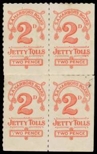 Sth Aust: REVENUES: 1915 South Australian Harbors [sic] Board 1915 Rouletted 2d scarlet lower-right corner block of 4 straight-edges at right & at base, a little soiled, Elsmore Online Cat $600+.