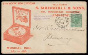 Sth Aust: Covers & postal stationery noted 1899 QV 1d green wrapper & 1900s QV 1d brown postal cards some with additonal printing on back, 1900 G&R Wills & Co cover with QV 2d violet 'GR/W' perfin, others with curved 'REGISTERED/No' h/s & 'TOO LATE' cache