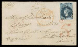 Sth Aust: 1855 (Mar 3) cover to Northamptonshire with a superb example of the London Printings 6d deep blue SG 3 (margins close to large) just tied by diamond-numeral '35' (rated R) & 'WATERVALE' cds (rated RR) alongside, Adelaide transit b/s & Liverpool 