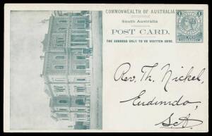 Sth Aust: 1886-1911 to foreign destinations including Ceylon, Germany, Ireland, New Zealand, USA, 1906 OHMS to London with 2d violet punctured OS, 1907 to Sweden posted on ship with 1d tied 'NAPOLI' and postal card to Malaya with 'SINGAPORE' receiver on f