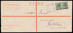 Sth Aust: 1896 Education Department cover with printed registration lines & boxed 'REGISTERED/No' with very scarce franking of 'O.S.' Perf 10 '2Â½d.' on 4d green SG O51 horizontal pair (Cat Â£26 x30+ on cover) tied by 'REGISTERED ADELAIDE' squared-circle,