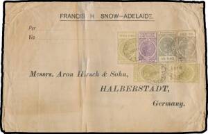 Sth Aust: 1907 oversize cover (248x160mm) with Francis Snow imprint at the top to Germany with exceptional franking of Thick 'POSTAGE' 3d x3 6d x2 & 2/6d violet tied by the scarce 'ENG MAIL TPO/8AU1907/S AUSTRALIA' cds, superb 'HALBERSTADT/8.9.07' arrival