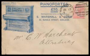 Sth Aust: ADVERTISING: 1897-1904 selection of illustrated advertising covers for Baker & Rouse Photographic x3 showing different cameras, for S Marshall & Sons x3 showing Pianoforte, Polyphon Musical Box & Mandolin respectively, for Independent Order Of R