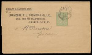 Sth Aust: WRAPPERS: 1898 usage of QV 1d green on buff HG #E4 with 5-line printed heading 'CIRCULAR & CARTNOTE ONLY/From/LUXMOORE, RJ COOMBS & CO LTD/WOOL, SKIN AND GRAIN BROKERS/ADELAIDE' in black.