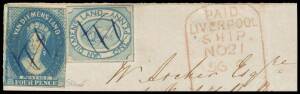 Tasmania: 1853 Couriers 1d blue SG 4 (?) with margins good to large & almost complete outer framelines & Star Wmk 4d with three margins both with manuscript "##" cancels on small piece with "tombstone" 'PAID/LIVERPOOL/SHIP/NO21/56' d/s in red, Cat Â£1400+