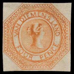 Tasmania: 1853 Couriers Plate I (Second State with Blurred Background Lines) 4d red-orange SG 7, margins close to good except at top where the outer frameline is just shaved, unused, Cat Â£6000. Ex Koichi Sato.