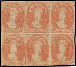 Tasmania: 1857-67 Double-Lined Numerals 1d pale red-brown SG 26 block of 6 (3x2), margins just clear to good, ironed-out central horizontal crease & some minor soiling, unused, Cat Â£3600++. A rare multiple. Ex Trevor Hiscock. RPSofV Certificate (2016).