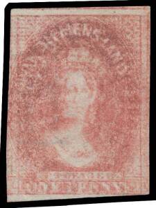 Tasmania: 1857-67 Double-Lined Numerals 1d carmine as SG 29 but with Dramatic Double Print, margins just shaved - at upper-left - to large with fragments of the adjoining units above & at right, a trifle oxidised, unused. BPA Certificate (2007) states "..