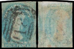 Tasmania: 1857-67 Double-Lined Numerals 4d pale blue as SG 36 but Printed on Both Sides (the impression on the reverse inverted relative to the face), almost three margins & a little cut-into at left, BN '18' of Campbell Town. Unlisted by Gibbons: the sam