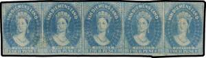 Tasmania: 1857-67 Double-Lined Numerals 4d blue SG 37 horizontal strip of 5, good to large margins at left & base, shaved/a little cut-into elsewhere, a few thins, large-part o.g., Cat Â£2000+. Ex Sir Henry Somerset & Trevor Hiscock. RPSofV Certificate (2