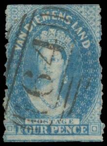 Tasmania: 1863-71 Experimental Separations ImperfxOblique Roulette 11Â½ at Oatlands 4d blue SG 91, very fine BN '64' of Oatlands, Cat Â£800. A rare stamp. Ex Koichi Sato. RPSofL Certificate (1971) states "is genuine with unclassified - at that time - roul