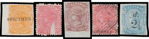 Tasmania: 1870-91 Sidefaces selection including simplified set to 5/- overprinted 'REPRINT', 3d imperf plate proof on Crown/CC paper x2, Â½d used block of 6 & imperf single with 'SPECIMEN' Overprint, 1d rosine with huge Wedge Flaw SG 171a, 3d with Major P