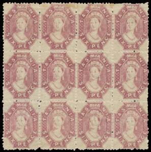 Tasmania: 1871-91 Perforated by the Post Office Perf 12 6d dull claret SG 143 block of 12, minor gum-staining at the top, virtually full o.g. with several units apparently unmounted, Cat Â£600++. Ex Koichi Sato.