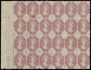 Tasmania: 1871-91 Perforated by the Post Office Perf 12 6d dull claret SG 143 marginal blocks of 12 (4x3) & 24 (6x4, the second unit stained at the base) from the left of the sheet, virtually full o.g. with many units being unmounted, Cat Â£1800++ (mounte