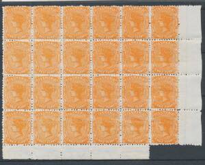 Tasmania: 1880-91 Wmk 'TAS' without Lines Perf 11Â½ Â½d orange SG 159 and Perf 12 3d red-brown SG 165 marginal blocks of 24 (6x4), well centred, virtually full o.g. with most units being unmounted, Cat Â£260++. (2 blocks)