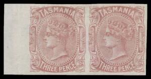 Tasmania: 1880-91 Wmk 'TAS' without Lines Perf 11Â½ 3d red-brown marginal Imperforate Pair SG 161a from the left of the sheet, margins good to huge, large-part o.g., Cat Â£450. Very scarce.