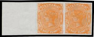 Tasmania: 1891 Wmk 'TAS' with Lines Perf 12 Â½d orange marginal Imperforate Pair SG 172a from the left of the sheet, margins good to humungous, large-part o.g., Cat Â£300.