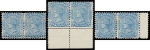 Tasmania: 1896-1909 Ninepence annotated selection with shades, corner block of 4 with 'SPECIMEN' Overprint, Crown/A Perf 12Â½ pair with Double Perfs at the Base, Irregular Compound Perfs Perf 12Â½x11, Perf 11x12 x2 shades, Perf 11x11x11x12, horizontal pai