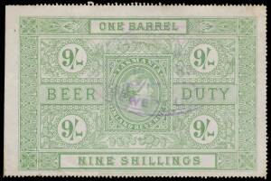 Tasmania: BEER DUTY: 1881 No Watermark 2/3d blue (central fold) & 9/- yellow-green (remarkably fine) both with oval cachets in blue or violet; and 1892 Surcharges - all with characteristic creases & soiling - '3s.' on 2/3d, '6s.' on 4/6d & '12.' on 9/-, E