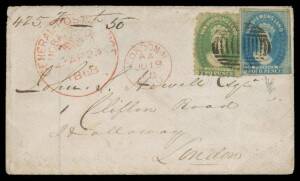 Tasmania: 1868 cover to London with scarce Two-Issue franking of Imperf 4d blue SG 37 (margins close to large with a chunk of the adjoining unit at right) & Perf 10 2d yellow-green SG 60 (Cat Â£150 x10+ on cover) with neat bars cancel & 34mm GPO cds of 23