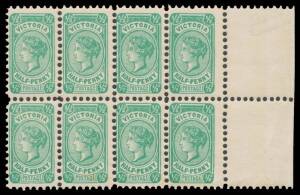 Victoria: Useful group of multiples with 1886-89 1d marginal blocks of 10 x3, 1896 1Â½d apple-green block of 15, 1901 Â½d blue-green Compound Perf 12Â½ x 11, SG 409 marginal block of 8 (Cat Â£480), 6d SG 392 block of 9, some minor toning, full unmounted o