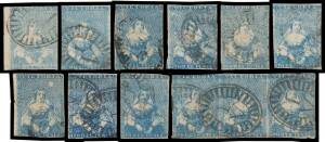 Victoria: 1850-57 Half-Lengths selection with Ham 1d strip of 3, 3d SG 11 marginal pair with Barred Oval '44' (rated R), 3d SG 14 pair [10-11] with Barred Oval '26' (RR) of Border Post, 3d White Veils reconstruction of the 12 positions including strip of 