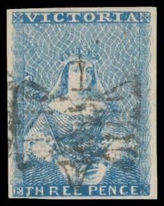 Victoria: 1850-57 Half-Lengths Thomas Ham Original State of the Dies (Orb with Thick White Outline) 3d bright blue SG 4 [23], margins close to large, Butterfly '1' cancel, Cat Â£600. Superb!