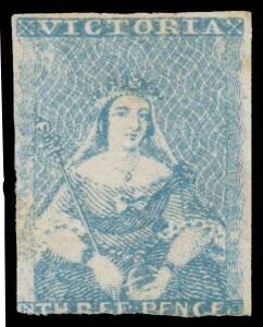 Victoria: 1850-57 Half-Lengths Thomas Ham Second State of the Dies (Band of Orb Protrudes at Left) 3d blue SG 7, margins close to large except where a bit cut-into at the base, unused, Cat Â£4750. [About 20 unused examples have been recorded, most of whic