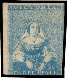 Victoria: 1850-57 Half-Lengths Thomas Ham "White Veils" 3d blue SG 14 [1] marginal single from the upper-left of the sheet, margins just touching - at lower-left - to huge with a fragment of the adjoining unit at right, unused, Cat Â£1200. One of the fine