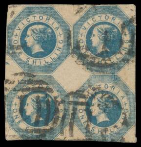 Victoria: 1854 Shilling Octagonal 1/- blue SG 25 block of 4, cut-square with margins at places, on original backing, small faults at the top, BN '1' cancels, Cat Â£160++. A rare multiple.