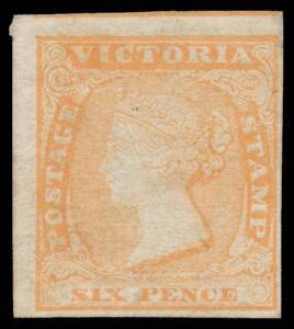 Victoria: 1854-55 Woodblocks Imperf 6d yellow-orange SG 32b, margins close to large, tiny thin in the margin at upper-right, unused, Cat Â£550.