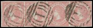 Victoria: 1857-63 Emblems Imperf Watermark Star 4d dull rose SG 44 horizontal strip of 4, margins good to large, BN '1' cancels. Superb! [The equal-largest multiple in this shade]