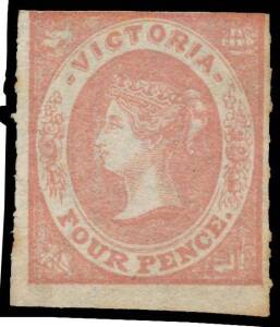 Victoria: 1857-63 Emblems Rouletted 7-9 at the GPO Watermark Star 4d dull red SG 51 with roulettes at left & right, unused & unpriced thus by Gibbons. Ken Barelli's collection had no unused example of SG 50-52. [Geoff Kellow at page 114 states: "Unused co