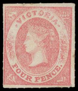 Victoria: 1857-63 Emblems Rouletted 7-9 Good Quality Medium Wove Paper with No Watermark 4d bright rose SG 63, margins close to large, apparently with large-part o.g., undercatalogued at Â£425. Geoff Kellow at pages 117-8 states "Unused copies are scarce.