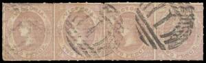 Victoria: 1857-63 Emblems Rouletted 5Â½-6Â½ Smooth Horizontally Laid Paper 2d brown-lilac SG 69 horizontal strip of 4 rouletted on all sides clear of the design except at right. Scarce multiple.