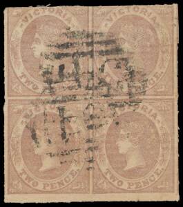 Victoria: 1857-63 Emblems Rouletted 5Â½-6Â½ Smooth Horizontally Laid Paper 2d brown-lilac SG 69 block of 4 rouletted on all sides, a little aged, untidy cancels. [Geoff Kellow states at page 120 "The major used multiple is a block of 4" that was Ex Ken Ba