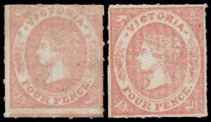 Victoria: 1857-63 Emblems Rouletted 5Â½-6Â½ Smooth Vertically Laid Paper 4d dull rose-red (minor toning) & 4d rose-red (very fine) SG 71b & c, unused, Cat Â£550.