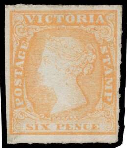 Victoria: 1857 Woodblocks Experimental Separations Rouletted at the GPO 6d orange SG 53a with full margins & rouletted at the top & right, shallow thin, unused. Rare & unpriced unused by Stanley Gibbons.