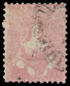 Victoria: 1859 Perf 12 by Robinson Half-Lengths 1d lilac-rose [18], shallow thins, light Barred Oval cancel. Unlisted by Gibbons. Ex Rodney Perry. [Geoff Kellow at page 61 states "An unused 1d Campbell & Fergusson Stone 4 is known perforated 12...It is co