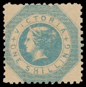 Victoria: 1859 Perf 12 by Robinson 1/- blue SG 81, unusually well centred, virtually full lightly mounted o.g., Cat Â£375. Remarkably fine.