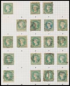 Victoria: 1859 Perf 12 by Robinson 2/- dull bluish green/pale yellow SG 82 partly annotated selection mostly on Bill Purves' pages, one unused, plus a large-part reconstruction of 20 of the 25 positions (one imperf & another unused with large-part o.g. bu